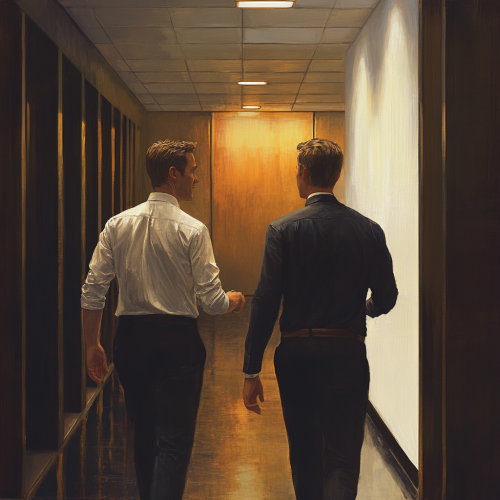 Two coworkers pass in cool workplace, showing arm.