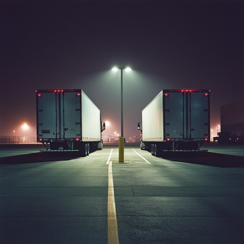 Two delivery trucks backed up in parking lot.