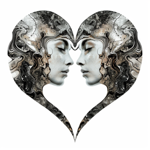 Two-faced heart embraces in avant-garde style.