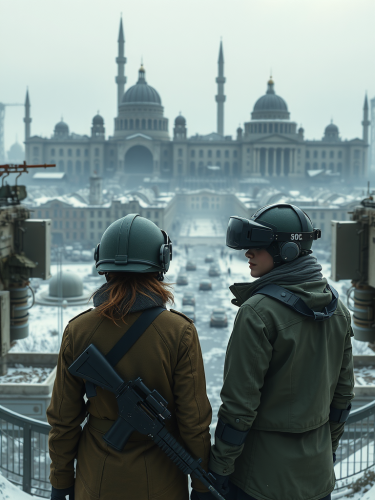 Two female soldiers in cold city war scene