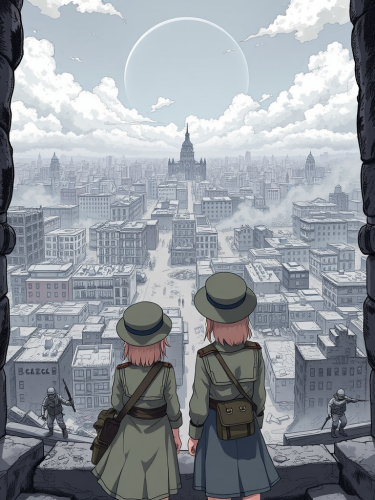 Two female soldiers in destroyed city war zone