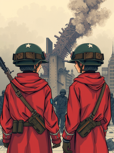 Two female soldiers in front of city ruins