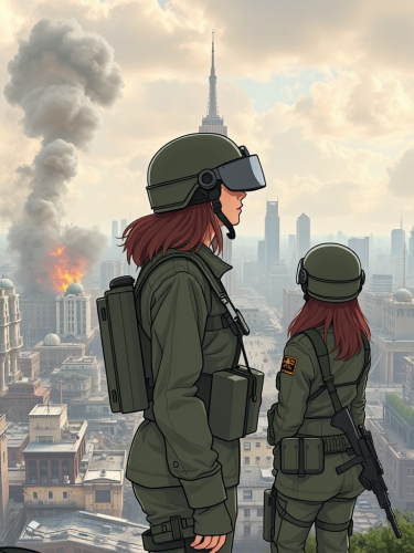 Two female soldiers in front of destroyed city. Two female soldiers in front of destroyed city.