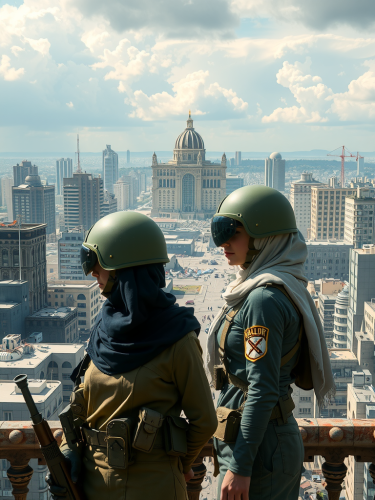 Two female soldiers in hijab in ruined city.