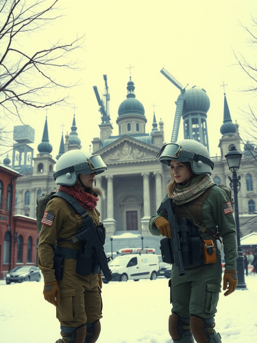 Two female soldiers in war-torn city