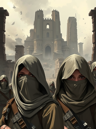 Two female soldiers stand in destroyed city.