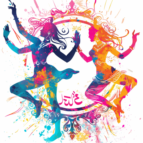 Two figures dancing in a rave with Hindi symbols. Two figures dancing in a rave with Hindi symbols.