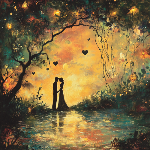 Two figures sharing intimate moment in serene setting. Two figures sharing intimate moment in serene setting.
