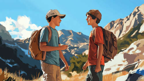 Two friendly 12-year-old boys talking on a mountain