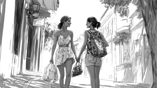 Two friends walking on sidewalk with food bags Two friends walking on sidewalk with food bags
