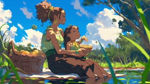 Two girls have a picnic with apple pie