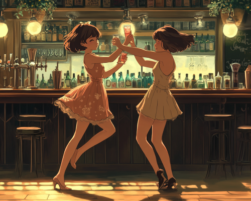 Two girls having fun in a fancy bar.