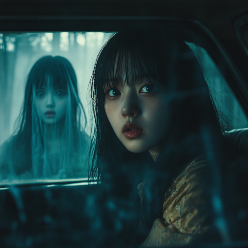 Two girls in car with ghostly figure, spooky forest.