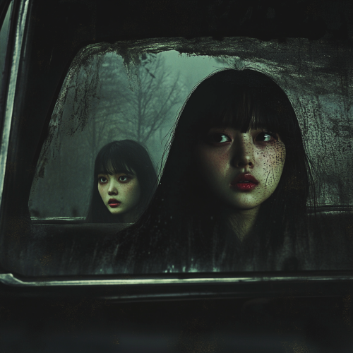 Two girls in spooky forest inside an old car