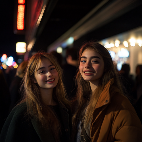 Two girls smiling in line at night club