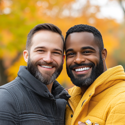 Two happy men in park with fall leaves