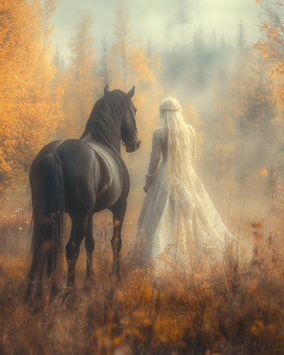 Two horses dancing in Nordic nature at sunrise