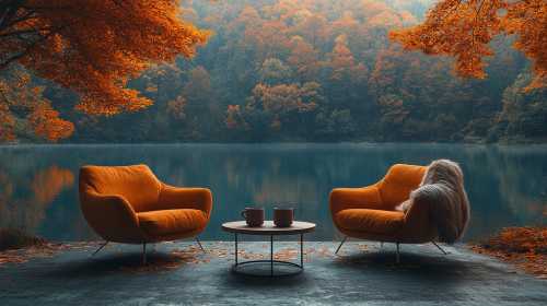 Two luxury chairs facing calm lake, autumn forest behind.