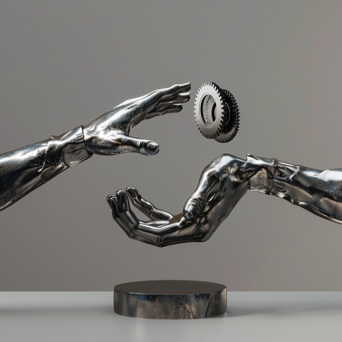 Two open hands holding floating gear, metallic silver.
