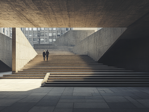 Two people climb wide concrete steps with shadows