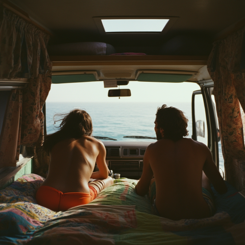 Two people laying in bed inside camper van