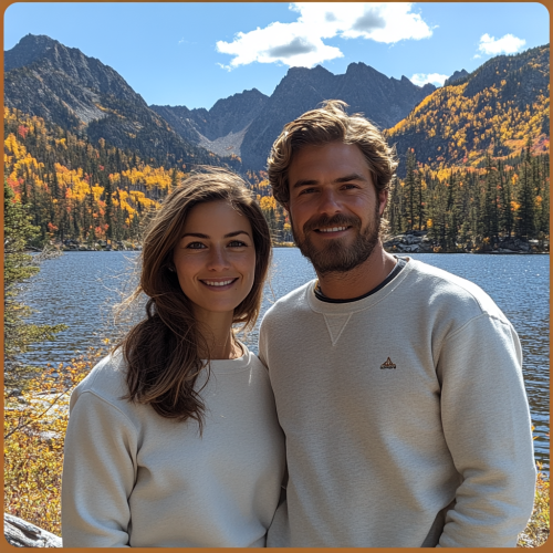 Two people smiling by lake and mountains.