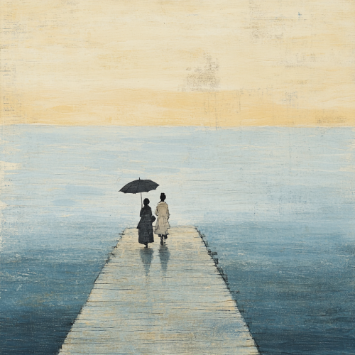 Two people with umbrella strolling on pier.