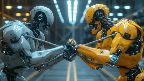 Two robots pull a rope in an office