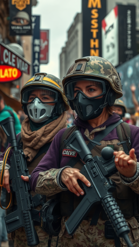 Two sad women soldiers play wirelessly in city.