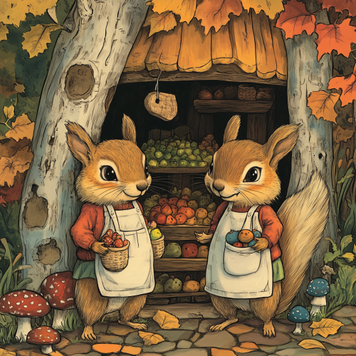 Two squirrels in aprons at birch tree market