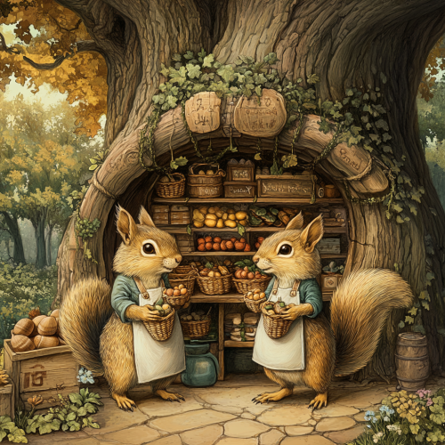 Two squirrels stocking acorns in cozy market store