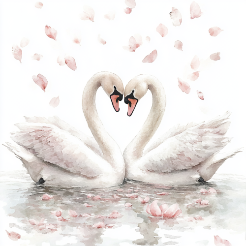 Two swans forming heart surrounded by pink petals