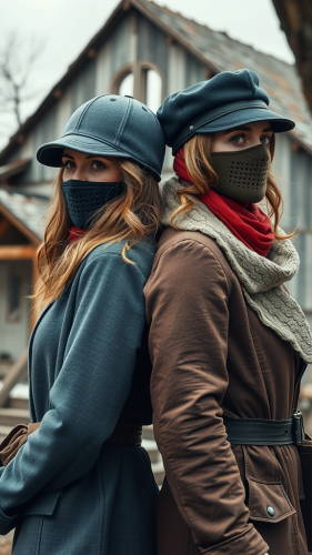Two women in warm clothes, standing back-to-back.