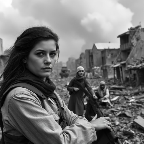 Two women soldiers in a destroyed city.