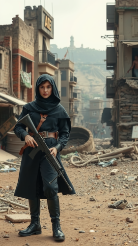 Two women soldiers in a destroyed city.