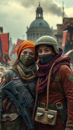 Two women soldiers in a destroyed city.