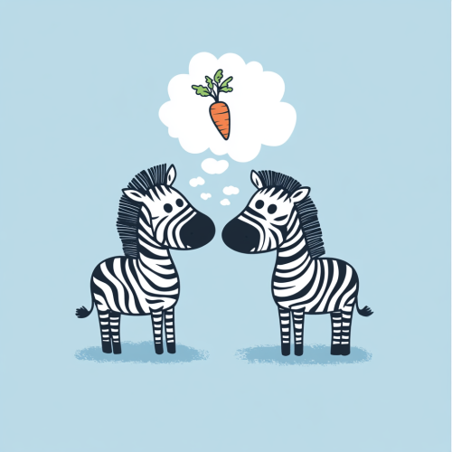 Two zebras with thought bubble and carrot.