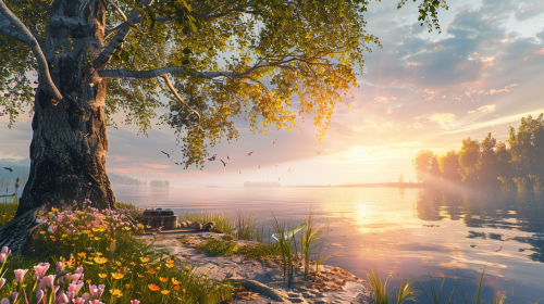 UNREAL ENGINE: Birch Lake dawn picnic setting, butterflies flutter