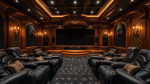 Ultra-luxury home theater with tiered recliners