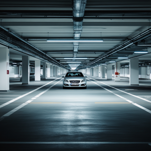Underground parking: clean, modern, well lit, spacious, car, happy man, comfortable atmosphere.