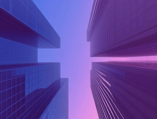 Underneath Modern Building Silhouettes in Gradient Sky