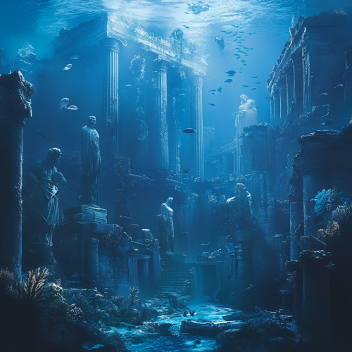 Underwater Atlantis cityscape with Greek ruins, coral-covered statues Underwater Atlantis cityscape with Greek ruins, coral-covered statues