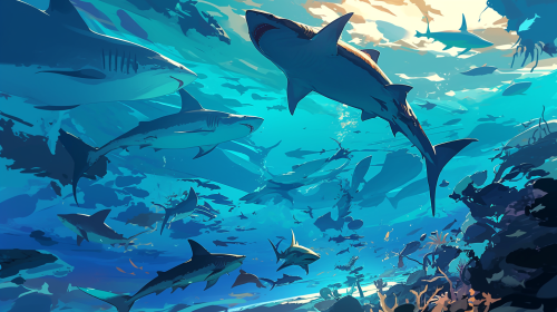 Underwater scene with fish and sharks, blue shades