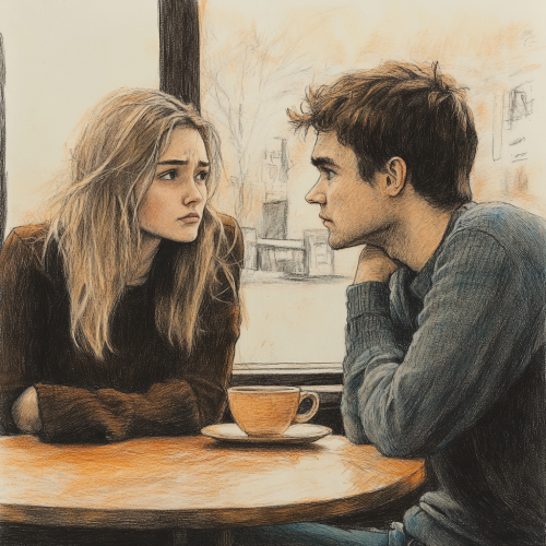 Unhappy young couple sitting at coffee shop