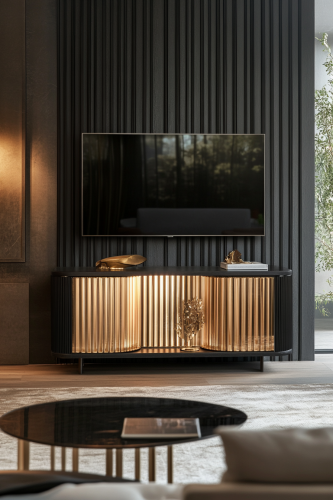Unique cabinet with gold accents in modern living room