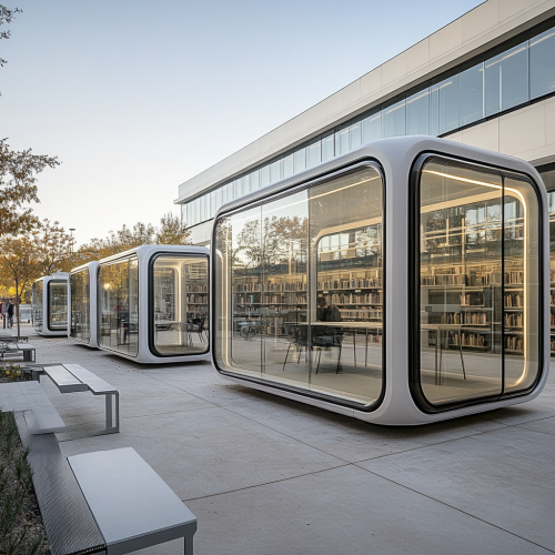 University library's modern space with sleek, transparent capsules