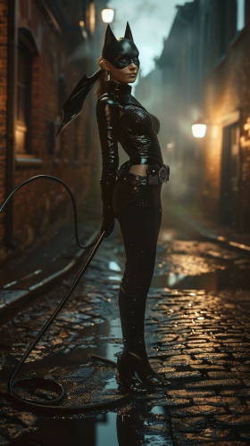Unmasked Catwoman in dim alley with whip and confidence. Unmasked Catwoman in dim alley with whip and confidence.