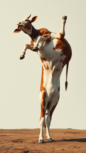 Upisde-down cow doing handstand in surreal background.