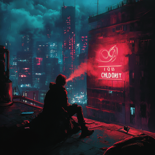 Urban rooftop scene with person smoking joint at night 