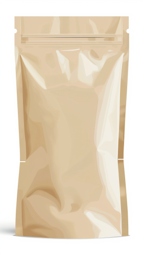 Vacuum cleaner bag with brown paper sticker, white background.